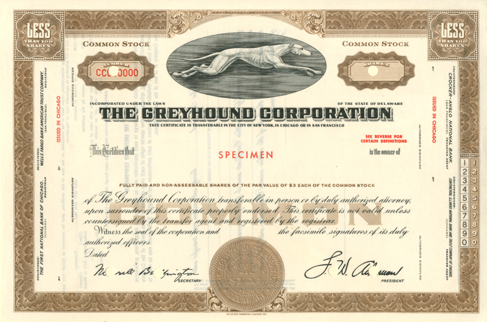 Greyhound Corporation - Specimen Stock Certificate